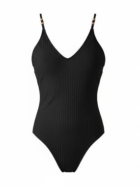 Shade & Shore Black Ribbed One-Piece Swimsuit with Bead Detail